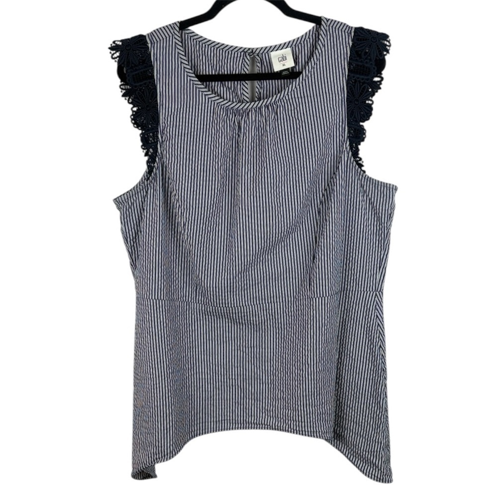 Cabi Cotton Blend Blue White Seersucker Stripe Lace Flutter Sharkbite Hem XL Top
